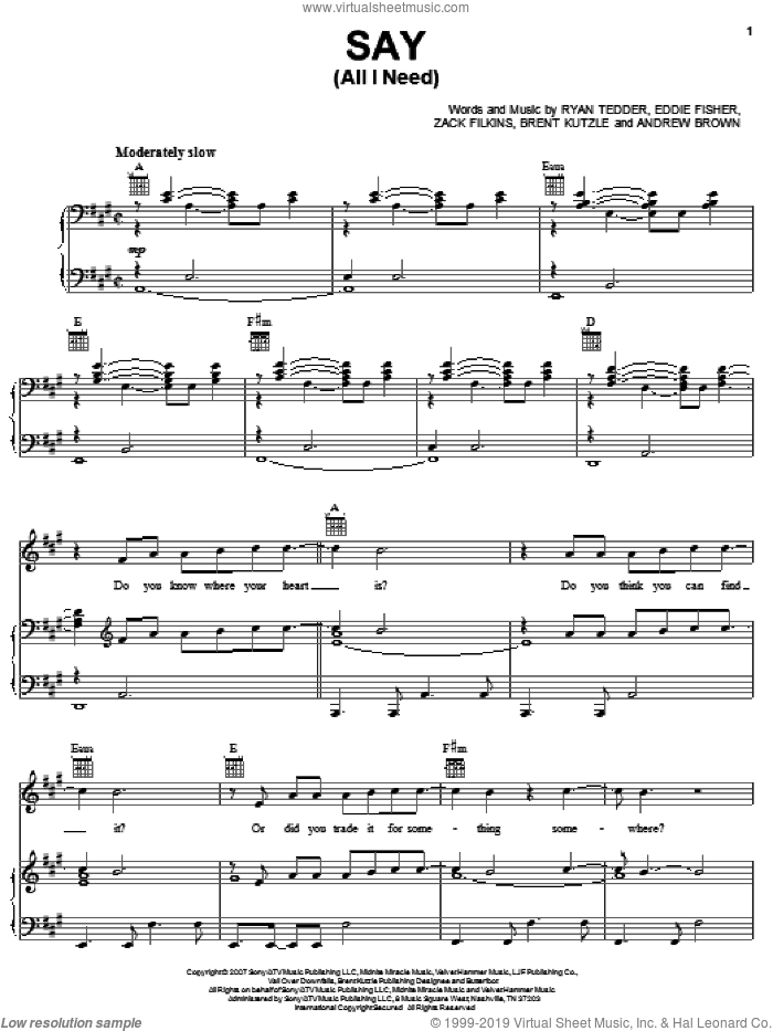 Say (All I Need) sheet music for voice, piano or guitar by OneRepublic, Andrew Brown, Brent Kutzle, Eddie Fisher, Ryan Tedder and Zack Filkins, intermediate skill level