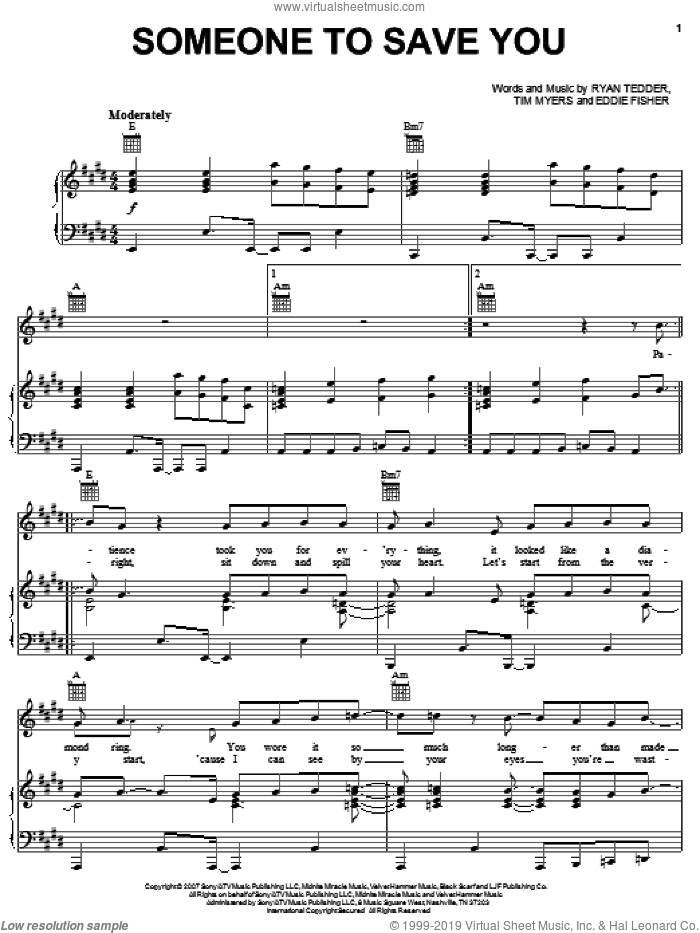 Someone To Save You sheet music for voice, piano or guitar by OneRepublic, Eddie Fisher, Ryan Tedder and Tim Myers, intermediate skill level