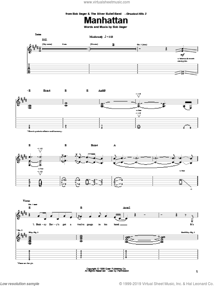 Manhattan sheet music for guitar (tablature) by Bob Seger, intermediate skill level