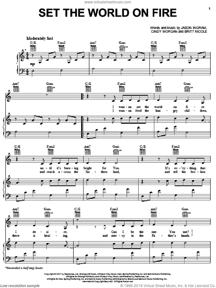 Set The World On Fire sheet music for voice, piano or guitar by Britt Nicole, Cindy Morgan and Jason Ingram, intermediate skill level