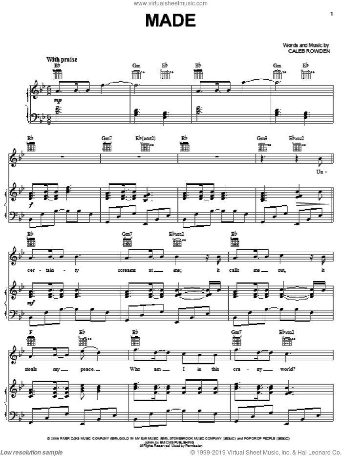 Made sheet music for voice, piano or guitar by Caleb Rowden, Dan Needham and Kevan Cyka, intermediate skill level