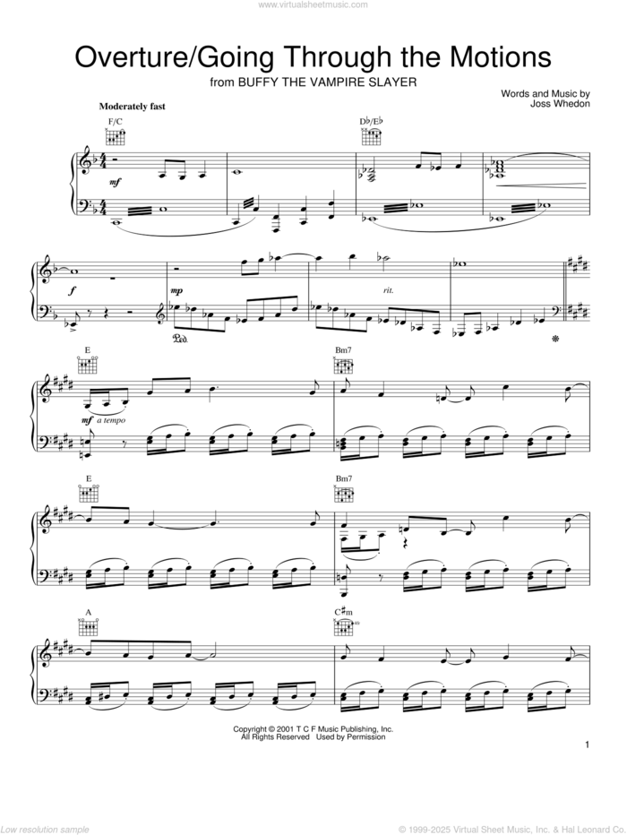 Overture/Going Through The Motions sheet music for voice, piano or guitar by Joss Whedon and Buffy The Vampire Slayer (TV Series), intermediate skill level