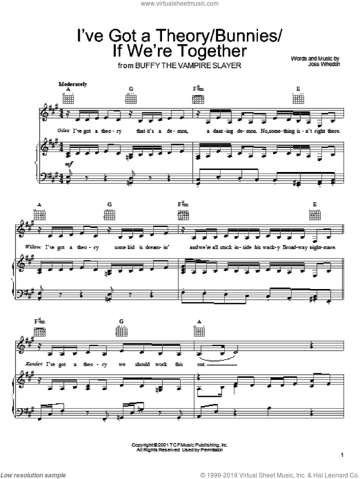 I've Got A Theory/Bunnies/If We're Together sheet music for voice, piano or guitar by Joss Whedon and Buffy The Vampire Slayer (TV Series), intermediate skill level