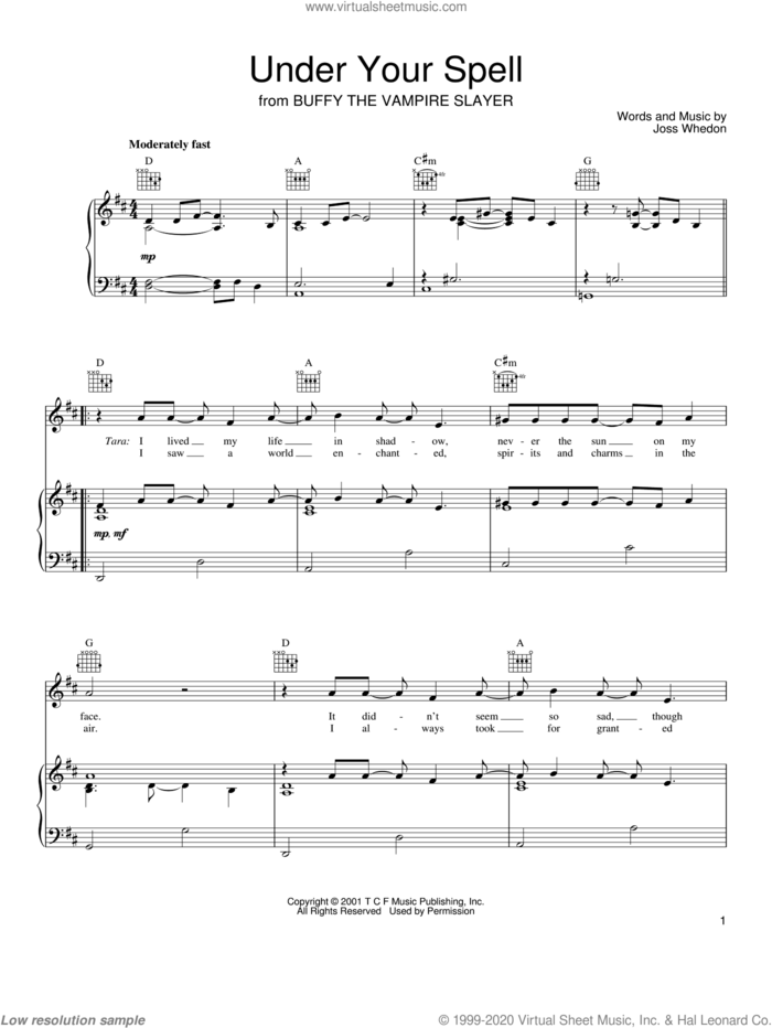 Under Your Spell sheet music for voice, piano or guitar by Joss Whedon and Buffy The Vampire Slayer (TV Series), intermediate skill level