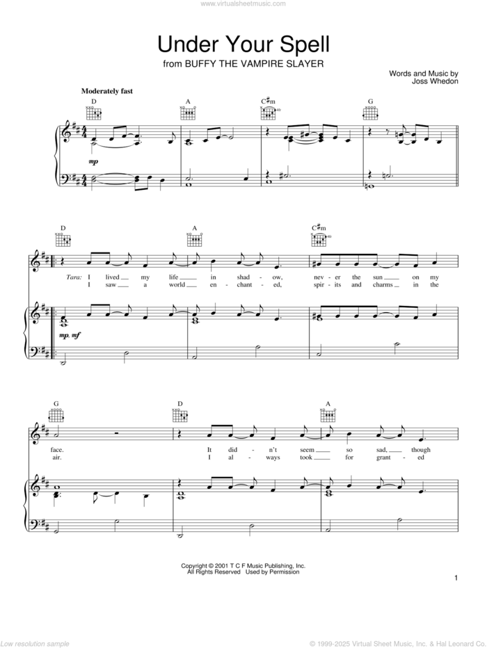 Under Your Spell sheet music for voice, piano or guitar by Joss Whedon and Buffy The Vampire Slayer (TV Series), intermediate skill level