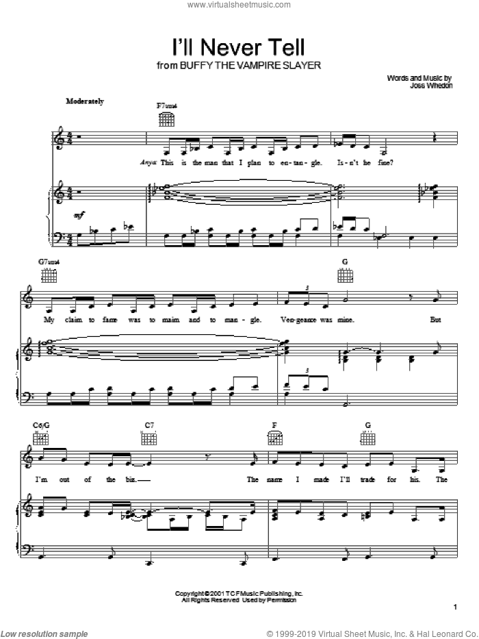 I'll Never Tell sheet music for voice, piano or guitar by Joss Whedon and Buffy The Vampire Slayer (TV Series), intermediate skill level