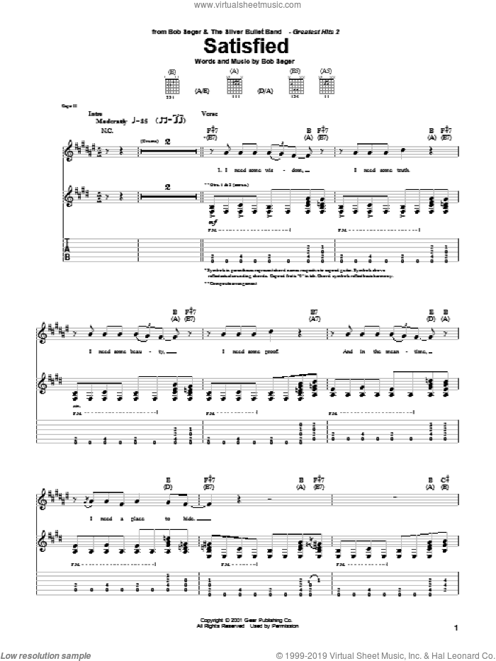 Satisfied sheet music for guitar (tablature) by Bob Seger, intermediate skill level