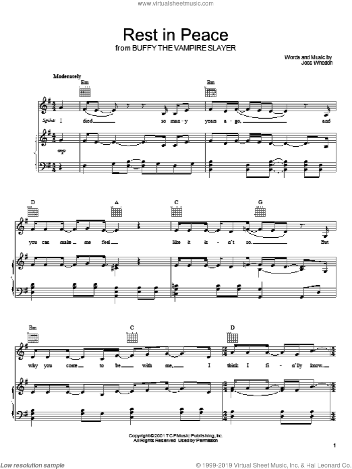 Rest In Peace sheet music for voice, piano or guitar by Joss Whedon and Buffy The Vampire Slayer (TV Series), intermediate skill level