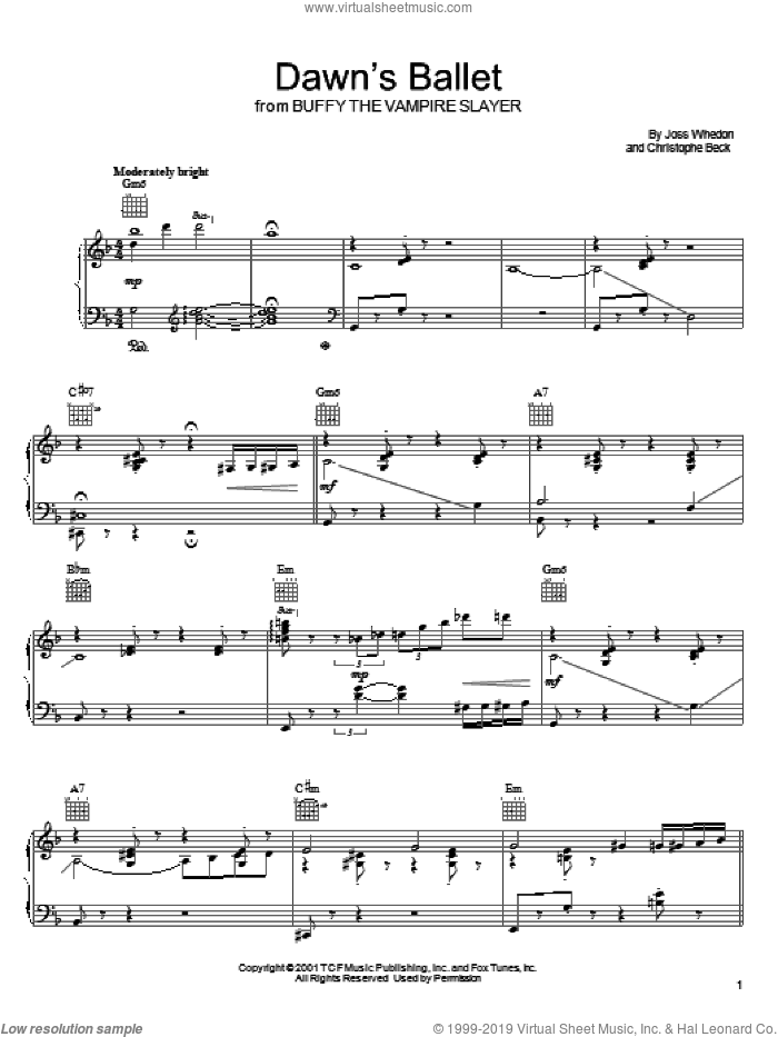 Dawn's Ballet sheet music for voice, piano or guitar by Joss Whedon, Buffy The Vampire Slayer (TV Series) and Christophe Beck, intermediate skill level