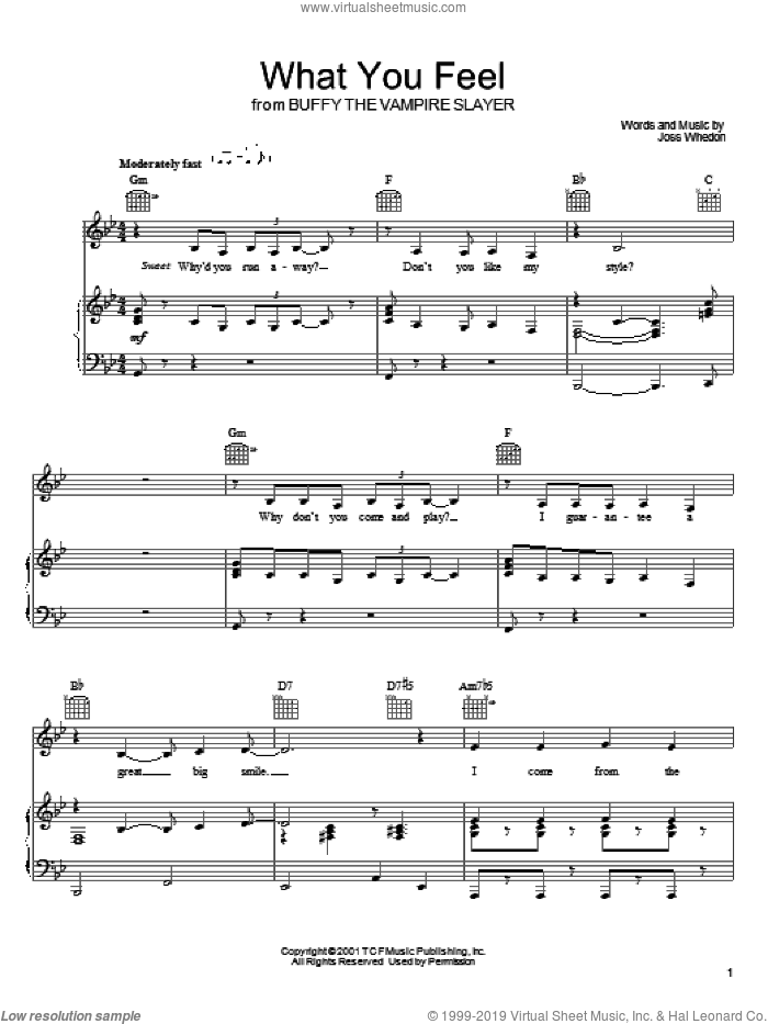 What You Feel sheet music for voice, piano or guitar by Joss Whedon and Buffy The Vampire Slayer (TV Series), intermediate skill level
