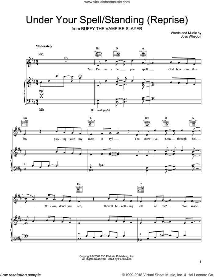 Under Your Spell/Standing (Reprise) sheet music for voice, piano or guitar by Joss Whedon and Buffy The Vampire Slayer (TV Series), intermediate skill level