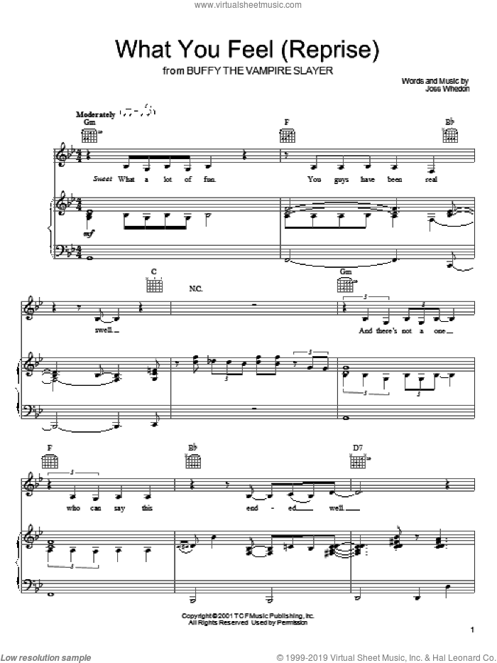 What You Feel (Reprise) sheet music for voice, piano or guitar by Joss Whedon and Buffy The Vampire Slayer (TV Series), intermediate skill level