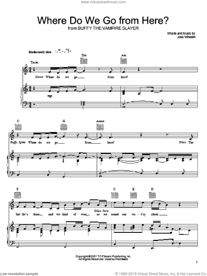Where Do We Go From Here? sheet music for voice, piano or guitar by Joss Whedon and Buffy The Vampire Slayer (TV Series), intermediate skill level