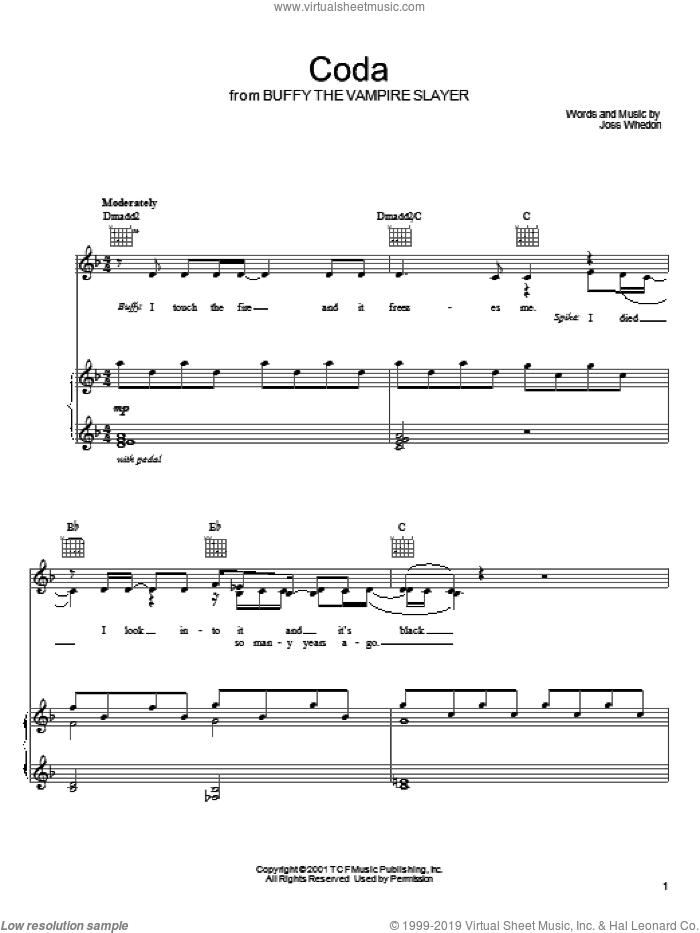 Coda sheet music for voice, piano or guitar by Joss Whedon and Buffy The Vampire Slayer (TV Series), intermediate skill level