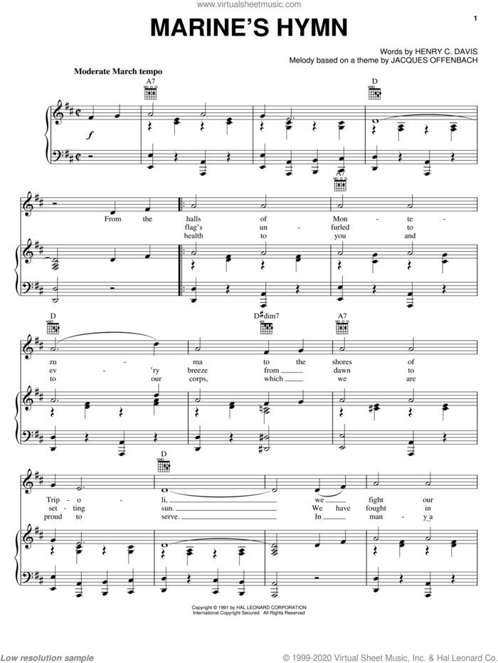 Marine's Hymn sheet music for voice, piano or guitar by Henry C. Davis and Jacques Offenbach, intermediate skill level