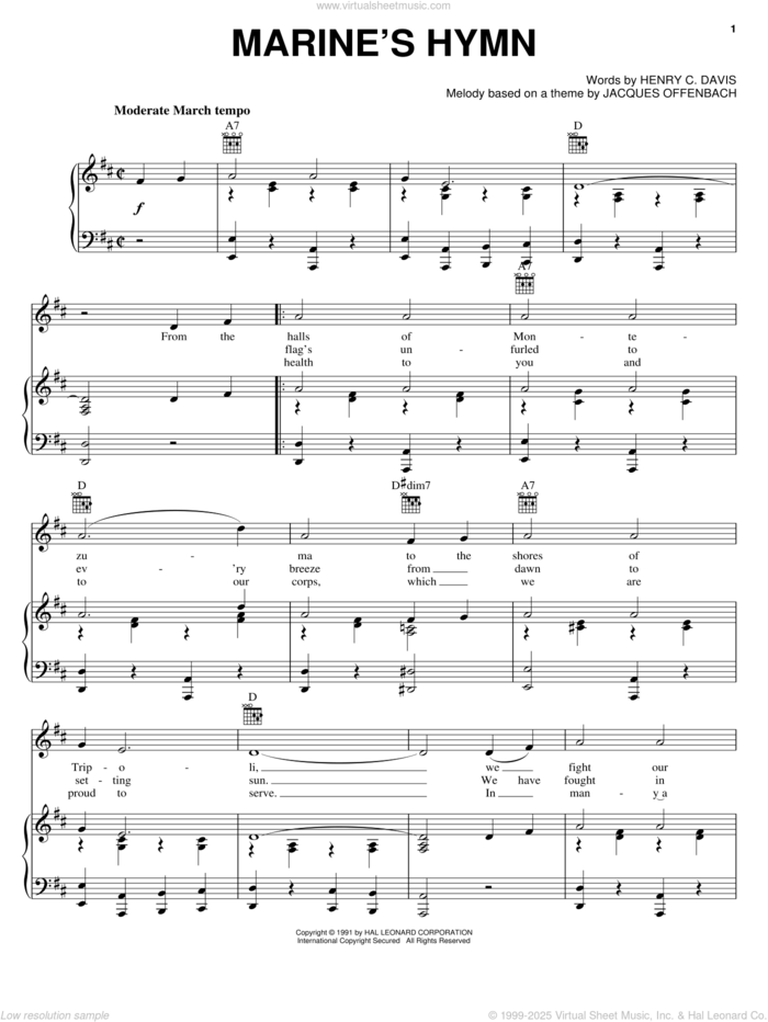 Marine's Hymn sheet music for voice, piano or guitar by Henry C. Davis and Jacques Offenbach, intermediate skill level