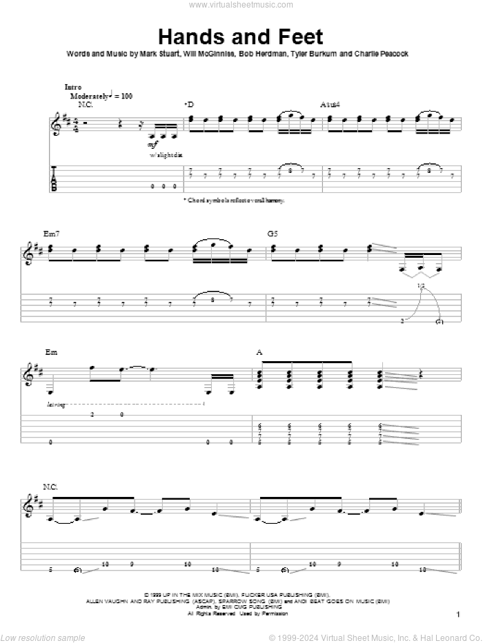 Hands And Feet sheet music for guitar (tablature, play-along) by Audio Adrenaline, Bob Herdman, Charlie Peacock, Mark Stuart, Tyler Burkum and Will McGinniss, intermediate skill level