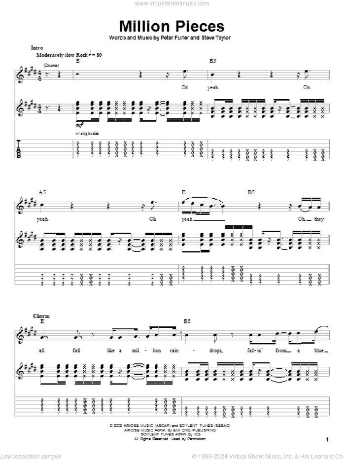 Million Pieces sheet music for guitar (tablature, play-along) by Newsboys, Peter Furler and Steve Taylor, intermediate skill level