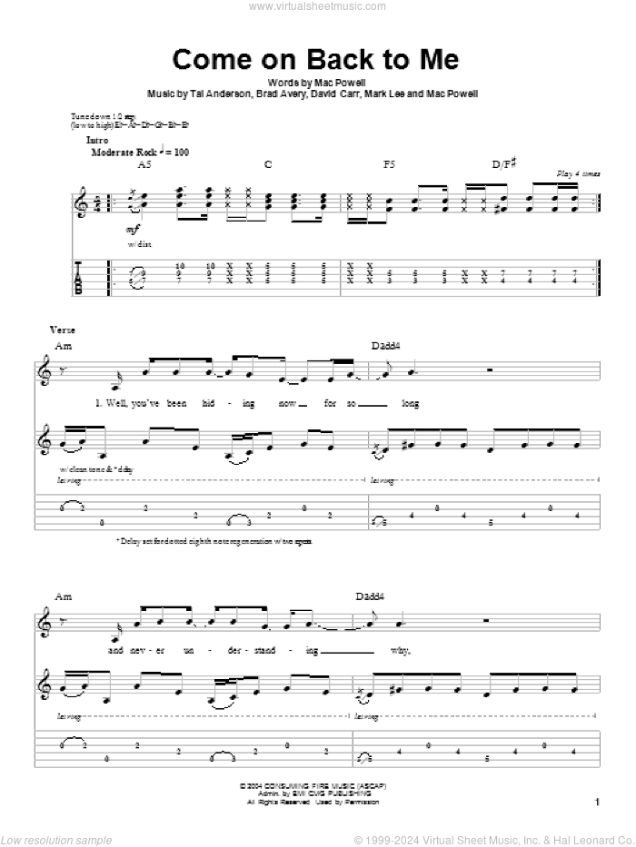 Come On Back To Me sheet music for guitar (tablature, play-along) by Third Day, Brad Avery, David Carr, Mac Powell, Mark Lee and Tai Anderson, intermediate skill level