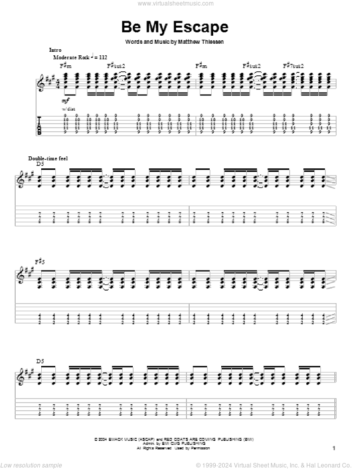 Be My Escape sheet music for guitar (tablature, play-along) by Relient K and Matthew Thiessen, intermediate skill level