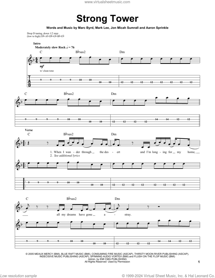 Strong Tower sheet music for guitar (tablature, play-along) by Kutless, Aaron Sprinkle, Jon Micah Sumrall, Marc Byrd and Mark Lee, intermediate skill level