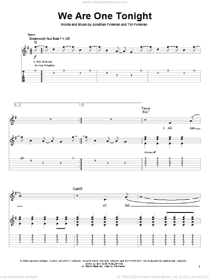 We Are One Tonight sheet music for guitar (tablature, play-along) by Switchfoot, Jonathan Foreman and Tim Foreman, intermediate skill level