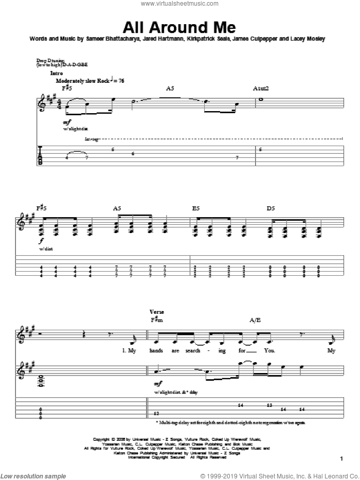 All Around Me sheet music for guitar (tablature, play-along) by Flyleaf, James Culpepper, Jared Hartmann, Kirkpatrick Seals, Lacey Mosley and Sameer Bhattacharya, intermediate skill level