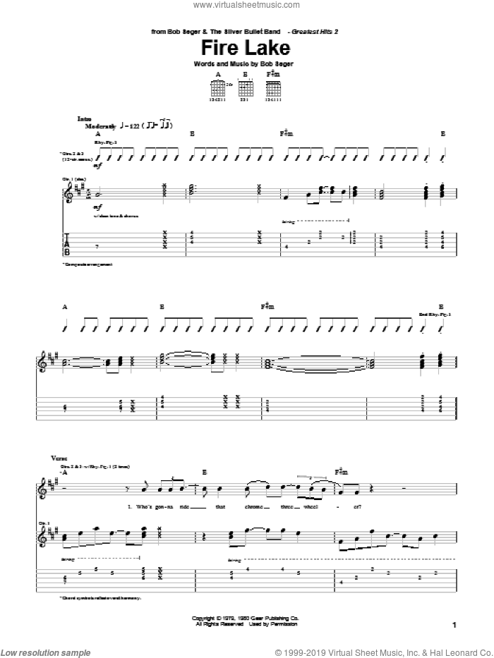 Fire Lake sheet music for guitar (tablature) by Bob Seger, intermediate skill level