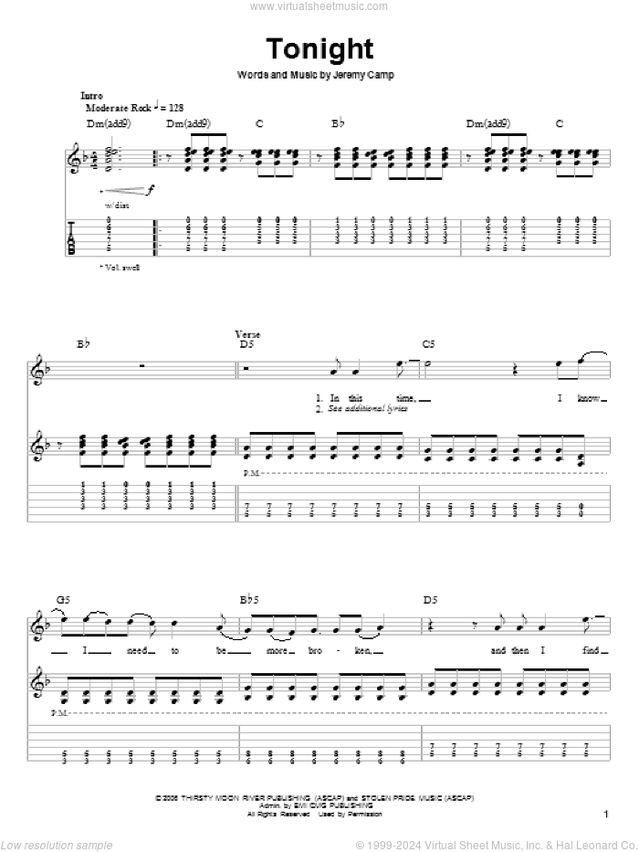 Tonight sheet music for guitar (tablature, play-along) by Jeremy Camp, intermediate skill level