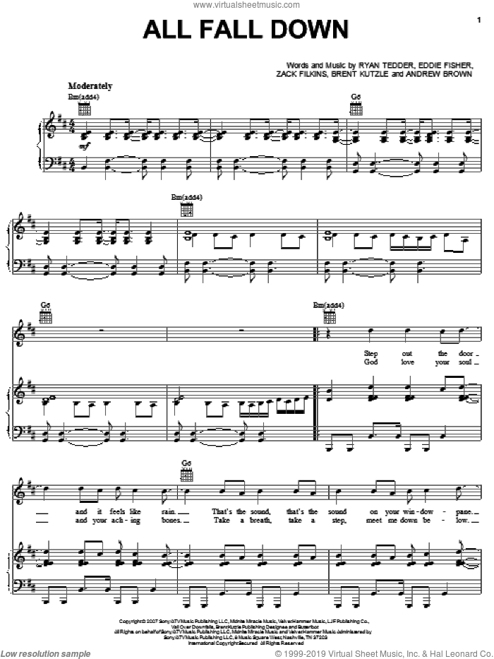 All Fall Down sheet music for voice, piano or guitar by OneRepublic, Andrew Brown, Brent Kutzle, Eddie Fisher, Ryan Tedder and Zack Filkins, intermediate skill level