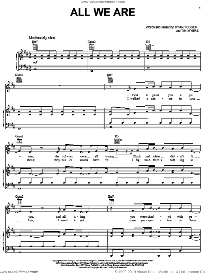 All We Are sheet music for voice, piano or guitar by OneRepublic, Ryan Tedder and Tim Myers, intermediate skill level