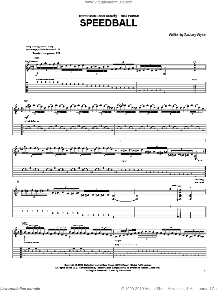 Speedball sheet music for guitar (tablature) by Black Label Society and Zakk Wylde and Zakk Wylde, intermediate skill level