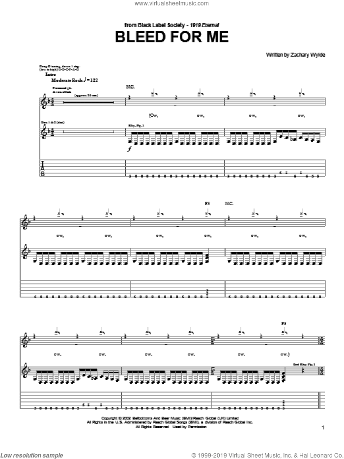Bleed For Me sheet music for guitar (tablature) by Black Label Society and Zakk Wylde and Zakk Wylde, intermediate skill level