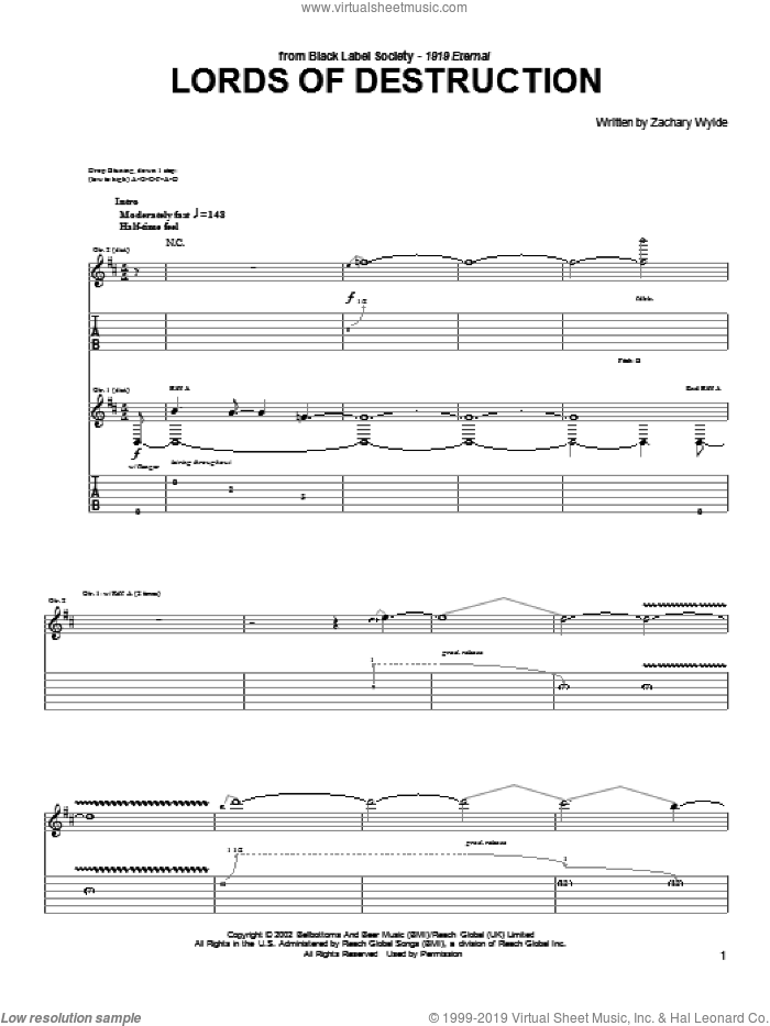 Lords Of Destruction sheet music for guitar (tablature) by Black Label Society and Zakk Wylde, intermediate skill level
