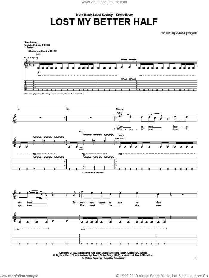 Lost My Better Half sheet music for guitar (tablature) by Black Label Society and Zakk Wylde, intermediate skill level