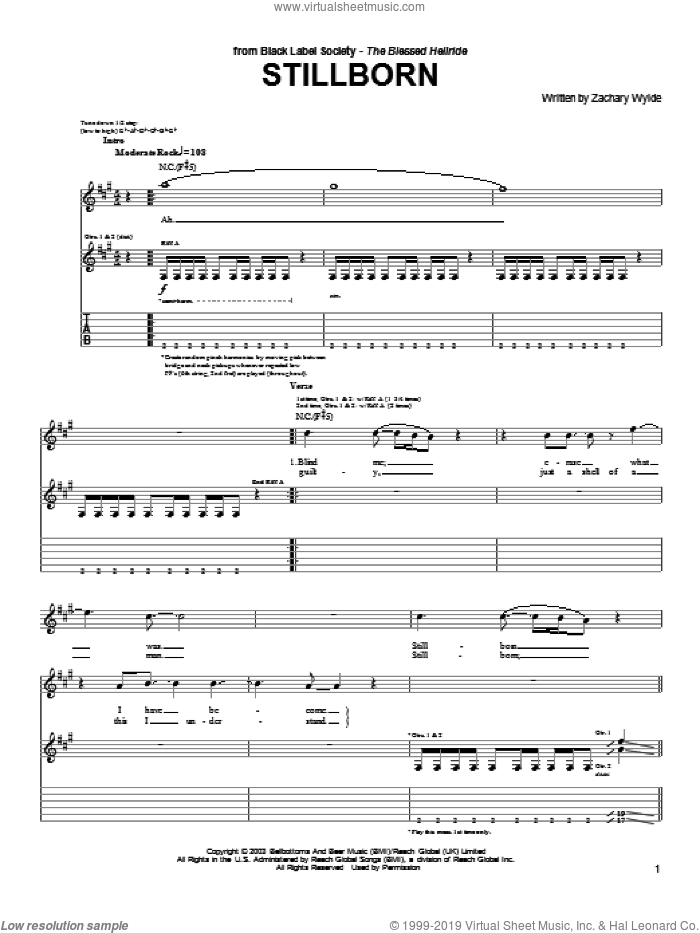 Stillborn sheet music for guitar (tablature) by Black Label Society and Zakk Wylde, intermediate skill level