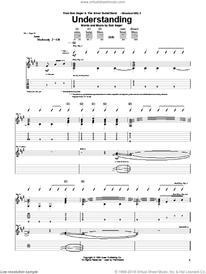 Understanding sheet music for guitar (tablature) by Bob Seger, intermediate skill level