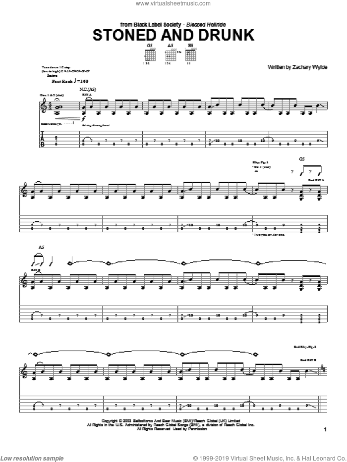 Stoned And Drunk sheet music for guitar (tablature) by Black Label Society and Zakk Wylde, intermediate skill level