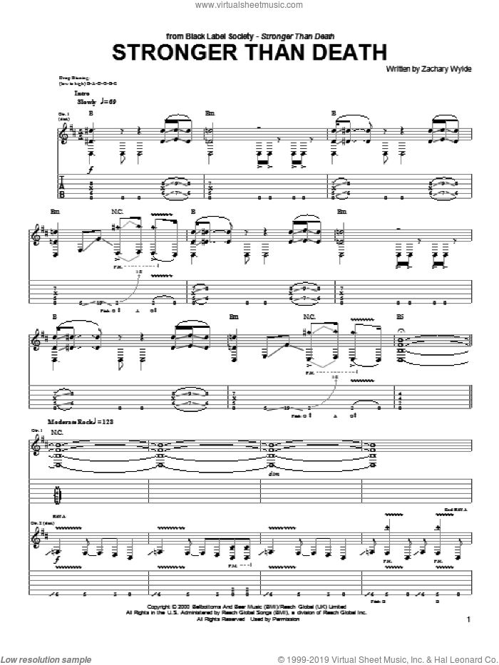 Stronger Than Death sheet music for guitar (tablature) by Black Label Society and Zakk Wylde, intermediate skill level