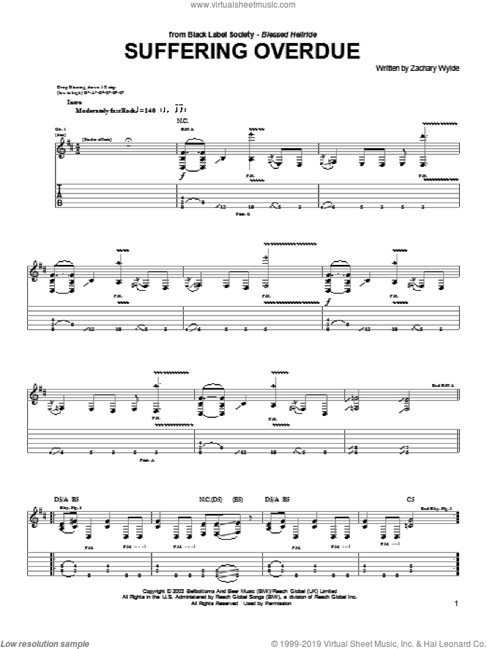 Suffering Overdue sheet music for guitar (tablature) by Black Label Society and Zakk Wylde and Zakk Wylde, intermediate skill level