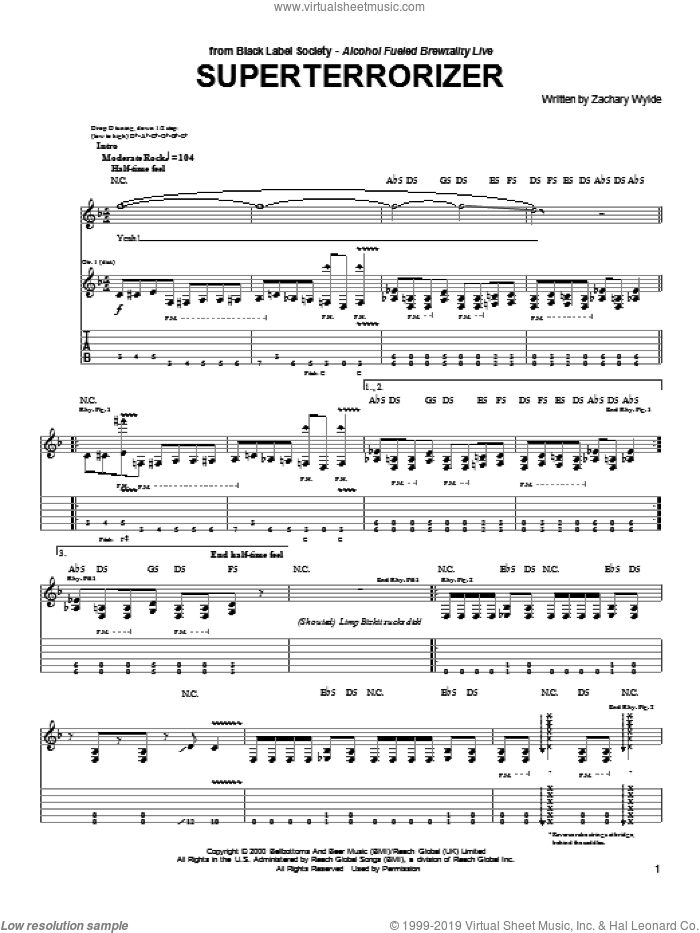 Superterrorizer sheet music for guitar (tablature) by Black Label Society and Zakk Wylde, intermediate skill level