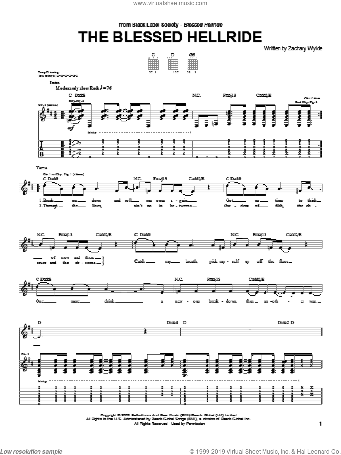 The Blessed Hellride sheet music for guitar (tablature) by Black Label Society and Zakk Wylde and Zakk Wylde, intermediate skill level
