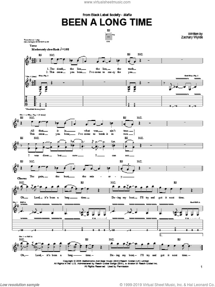 Been A Long Time sheet music for guitar (tablature) by Black Label Society and Zakk Wylde, intermediate skill level