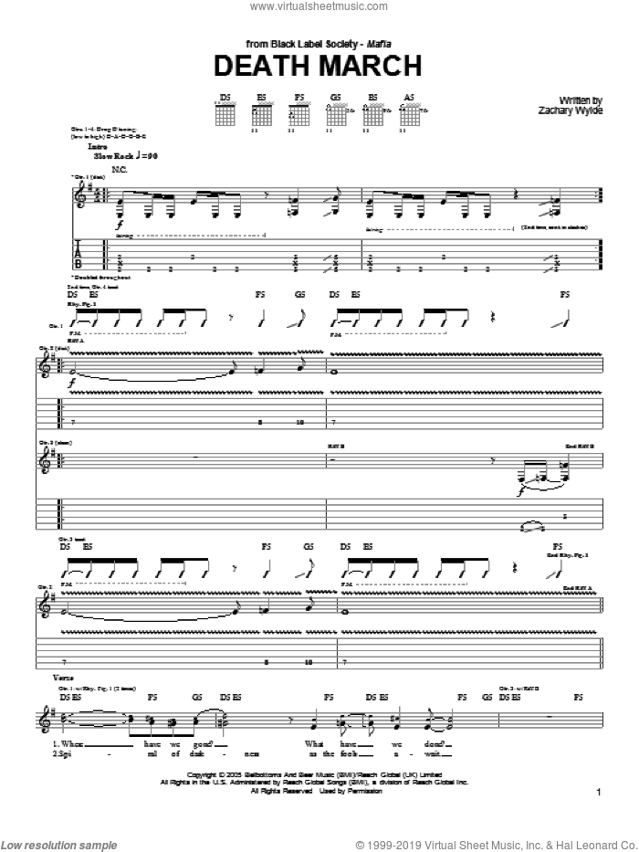 Death March sheet music for guitar (tablature) by Black Label Society and Zakk Wylde, intermediate skill level