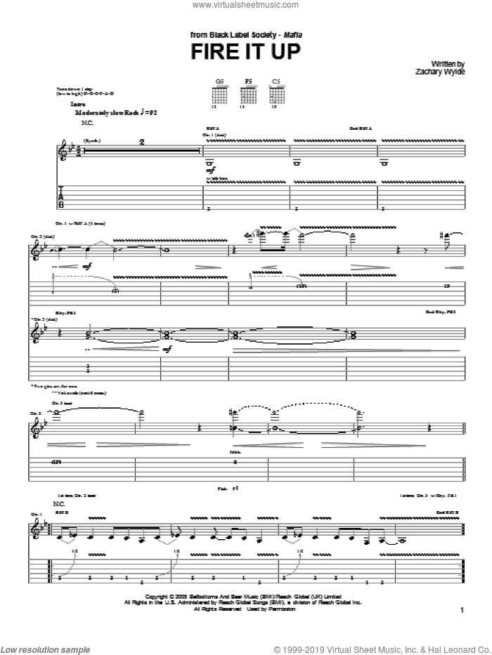 Fire It Up sheet music for guitar (tablature) by Black Label Society and Zakk Wylde, intermediate skill level