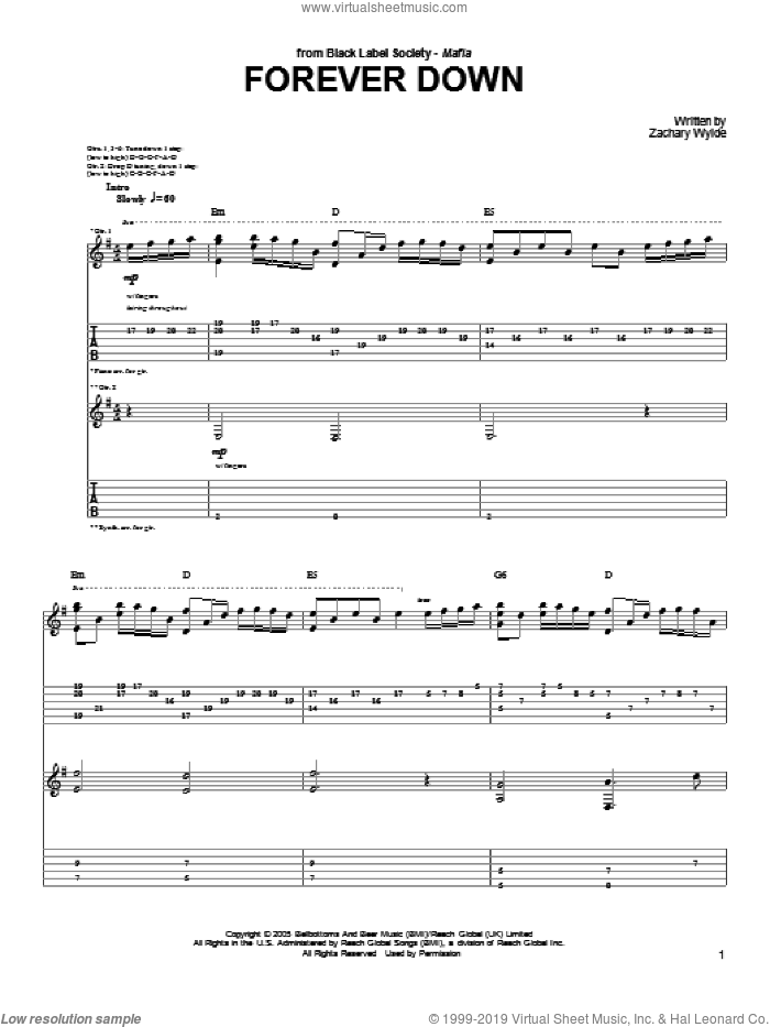 Forever Down sheet music for guitar (tablature) by Black Label Society and Zakk Wylde, intermediate skill level
