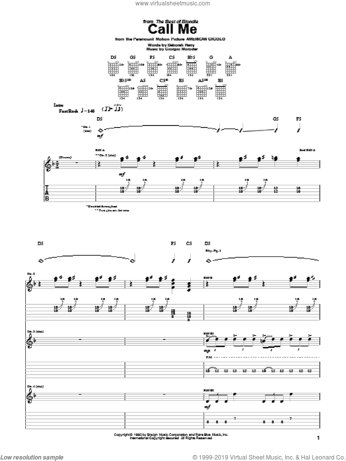 Call Me sheet music for guitar (tablature) by Blondie, Deborah Harry and Giorgio Moroder, intermediate skill level