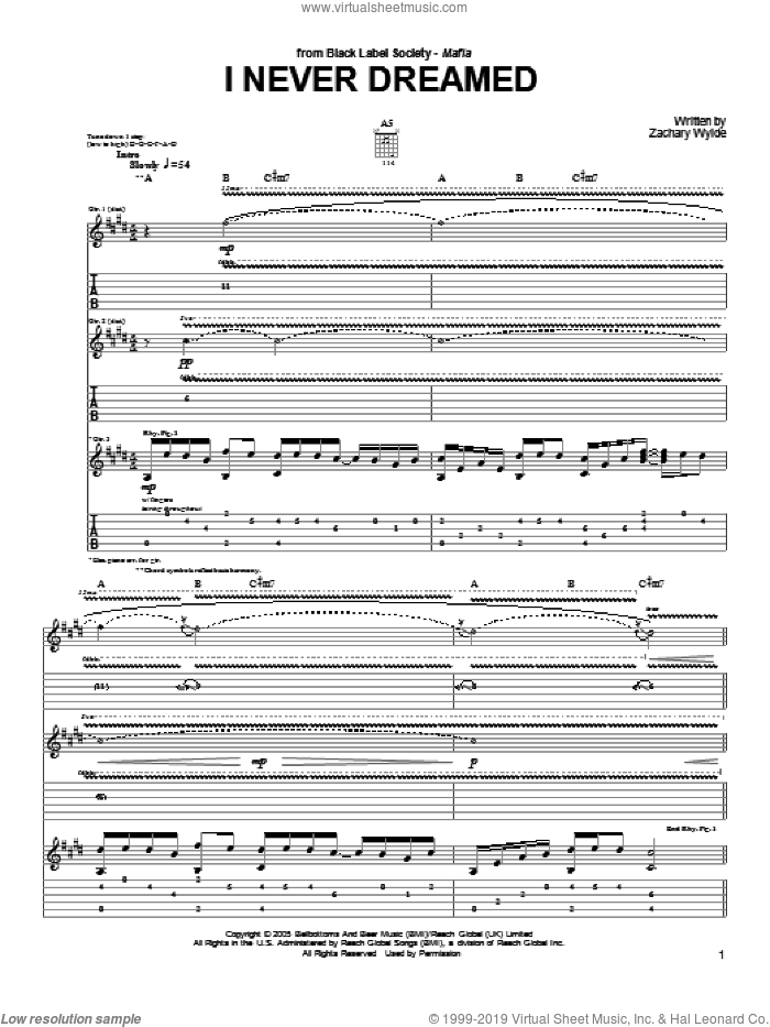 I Never Dreamed sheet music for guitar (tablature) by Black Label Society and Zakk Wylde, intermediate skill level