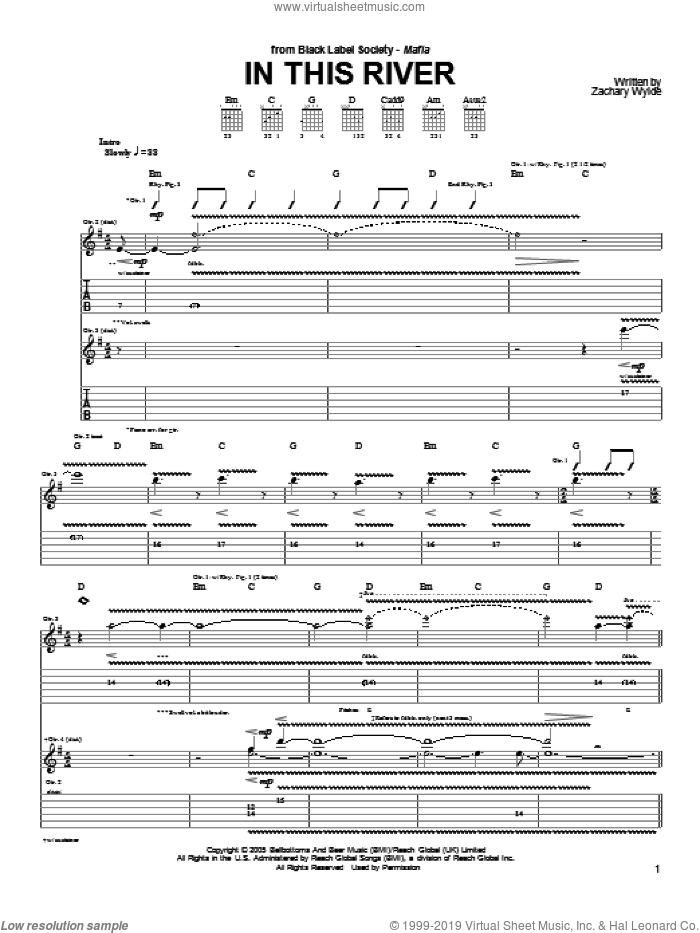 In This River sheet music for guitar (tablature) by Black Label Society and Zakk Wylde, intermediate skill level