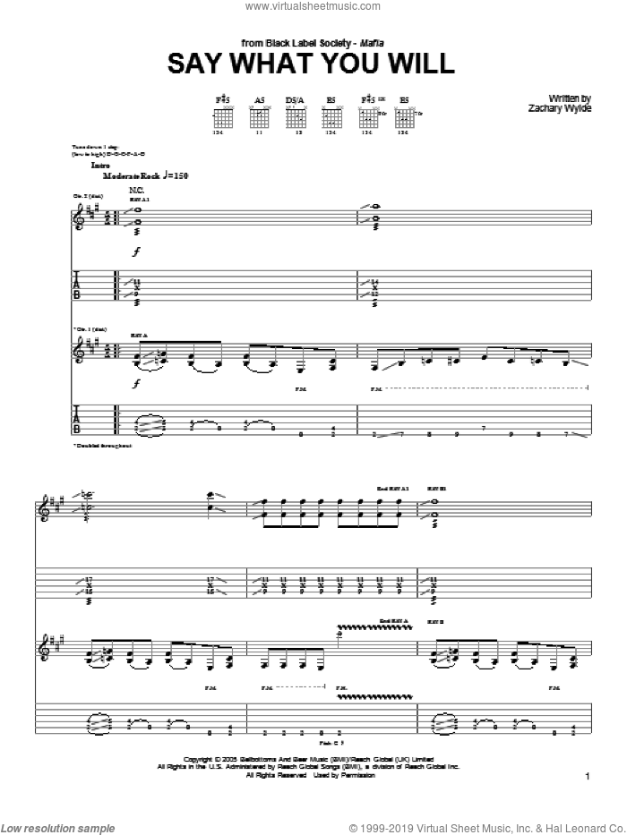 Say What You Will sheet music for guitar (tablature) by Black Label Society and Zakk Wylde, intermediate skill level